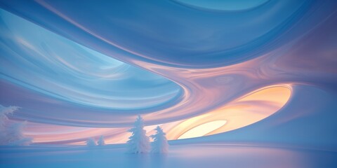 Abstract ice cave with wave shapes, snow-covered small trees and the reflection of a winter dawn
