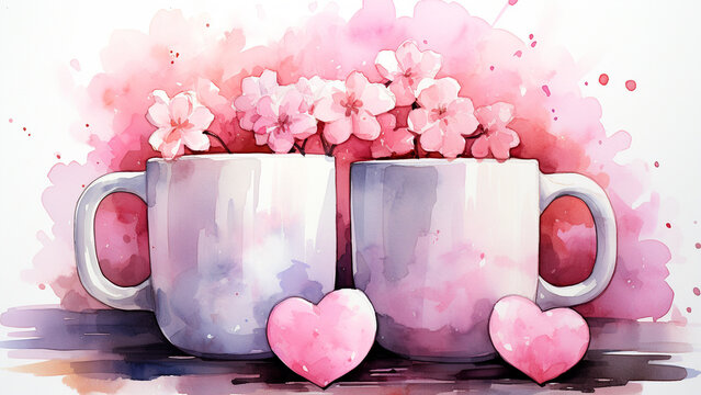 Romantic Valentines Day Watercolor Two Cozy Mugs Love