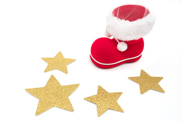 Santa's shoe and Gold Star isolated on white background. Christmas background.