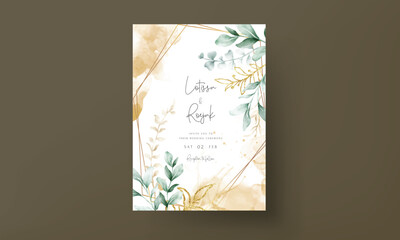 Naklejka na ściany i meble Floral engagement invitation template with leaves watercolor