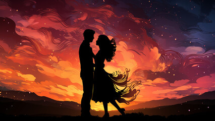 Romantic Silhouette Dancing Couple under the Starry Valentine Sky