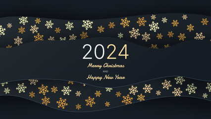 Merry Christmas and Happy New Year paper cut background with snowflakes. 2024 New Year vector illustration.