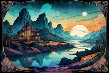 this image is a digital illustration by MSchiffer, depicting a beautiful landscape painted with dynamic inklines and alcohol inks, the image has a beautiful frame in a style of art nouveau merged with