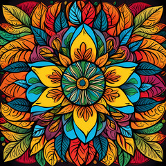 Abstract colorful leaves arranged in a circular mandala pattern.