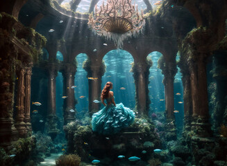 Mermaid's underwater palace, where shimmering scales and luminous flora create an otherworldly atmosphere beneath the depths of the sea.
