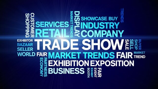 Trade Show animated tag word cloud;text design animation kinetic typography seamless loop.