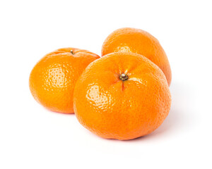 Three orange mandarins on white background. Tangerines front view.