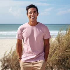 attractive asian man wearing blank t-shirt for graphic design mockup