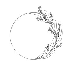 Continuous line drawing circle frame with blooming mimosa branch. One line drawing golden wattle wreath isolated on white background.