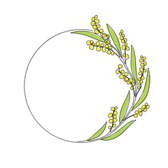 Continuous line drawing circle frame with blooming mimosa branch. One line drawing golden wattle wreath isolated on white background. - obrazy, fototapety, plakaty