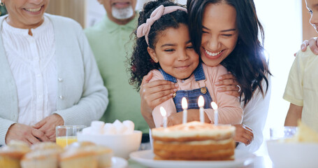 Child with birthday cake, candles and family to celebrate with smile, fun and love together in...