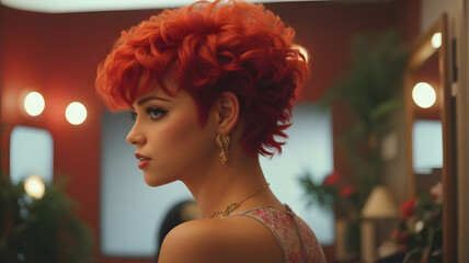Portrait of beautiful young woman with red curly hair and makeup.