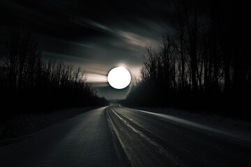 Endless long road with full moon in the night sky background. - obrazy, fototapety, plakaty