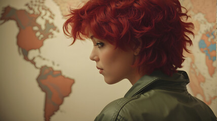 Portrait of a red-haired girl in front of a world map