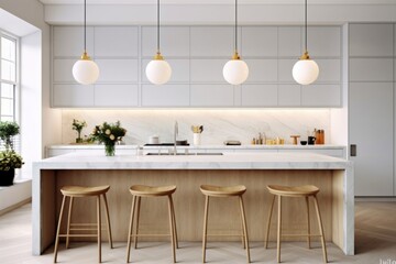 White scandinavian interior design of kitchen with marble island and wooden stools. Generative AI - obrazy, fototapety, plakaty