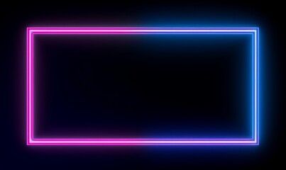 Parallelogram rectangle picture frame with two tone neon color shade motion graphic on isolated black background. Blue and pink light for overlay element. 3D illustration rendering, Generative AI