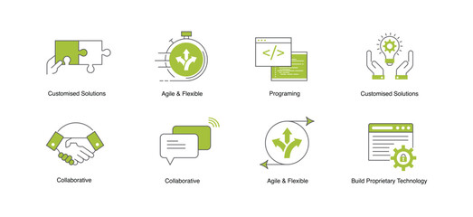 Agile and Flexible Programming Icons. Build Proprietary Technology with Custom Solutions