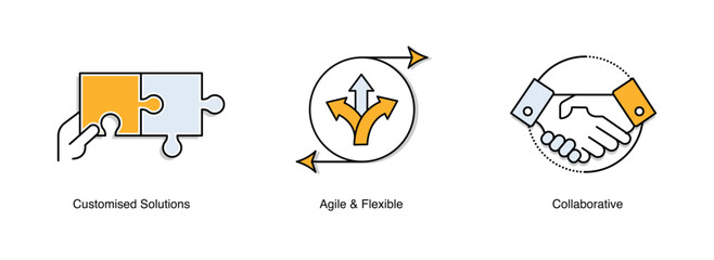 Empower Your Business with Agile and Flexible, Customised Solutions, and Collaborative Icons. Vector Icons with Editable Stroke.