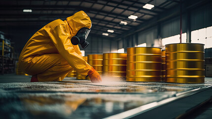 Providing acids and chemicals for galvanizing in metal factory. Workers in yellow protective suit and gas masks holding plastic canisters with aggressive materials.