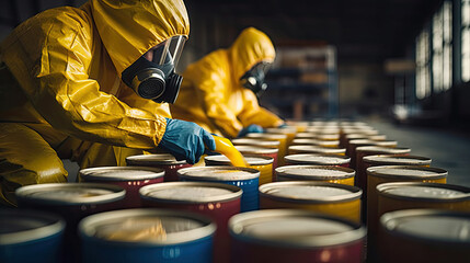 Providing acids and chemicals for galvanizing in metal factory. Workers in yellow protective suit and gas masks holding plastic canisters with aggressive materials.
