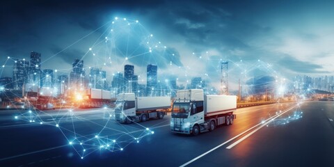 Logistics and transportation, Integrated warehousing and transportation operation service. Network distribution of Container Cargo, Smart logistics and future of transport on global, Generative AI - obrazy, fototapety, plakaty