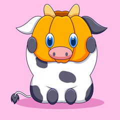 Cute Cow With Pumpkin Illustration