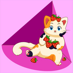 Cute Cat Holding Strawberry Illustration