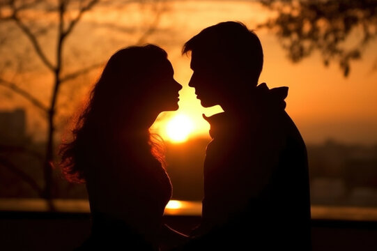 The silhouette of an adult couple kissing on Valentine's Day against the backdrop of the sunset evening sky.