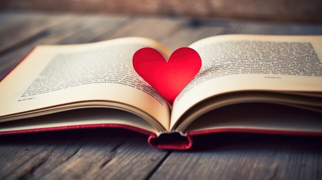 Valentine's concept of a close-up photo of a red heart resting on a book and wooden floor.