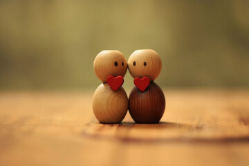Valentine's concept of a cute wooden doll couple on a wooden floor against a blurred backdrop.
