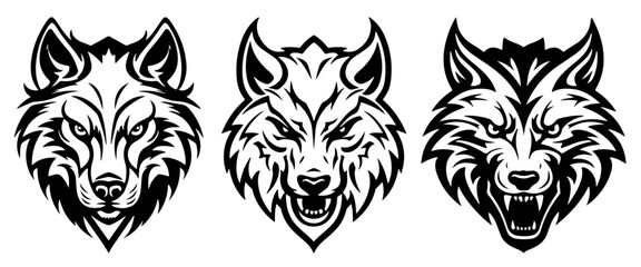 set of angry wolf silhouettes  - obrazy, fototapety, plakaty