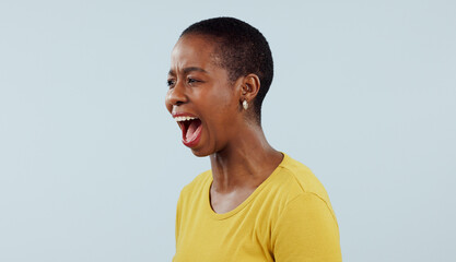 Anxiety, stress and angry black woman screaming in studio with broken heart, grief or fear on grey...