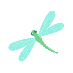 Cute dragonfly isolated on white background. Funny insect clipart for children. Flat cartoon vector illustration