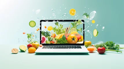 Fotobehang laptop with vegetables and fruits  © iwaart