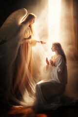 Woman with long hair on knees with stretched to holy hands receives annunciation of Blessed Virgin Mary. Annunciation of Blessed Virgin Mary gives strength to young woman kneels asking for help © Stavros