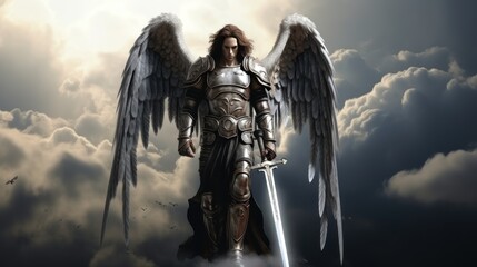 Archangel Michael with wings in knight armor with sword rises in sky. Saint Michael Archangel with long hair protects calm and good from evil impure forces by standing in battle readiness in sky