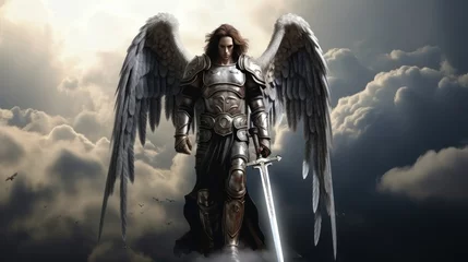 Foto op Plexiglas Archangel Michael with wings in knight armor with sword rises in sky. Saint Michael Archangel with long hair protects calm and good from evil impure forces by standing in battle readiness in sky © Stavros