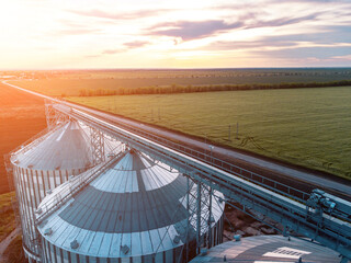 Grain silos on a green field background with warm sunset light. Grain elevator. Metal grain...