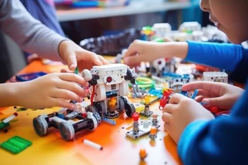 Fotobehang Children enthusiastically assemble detailed construction kit with bright details of constructor. Group of children using imagination assembled from designer parts of toy to play © Stavros