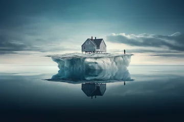 Fotobehang Global warming or climate change concepts with home or town on north pole ice melting.ozone environment and save the world © Limitless Visions