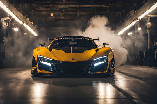A yellow supercar is parked in a dark garage, its headlight is on and there's smoke coming out.