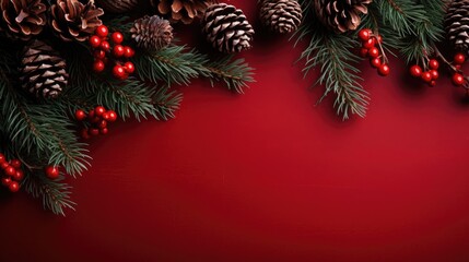 Red and green Christmas background with fir branches, berries, stars and decoration ornaments elements.