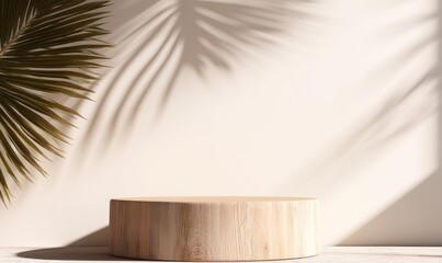 Minimal, natural log wood podium table in sunlight, palm leaf shadow in blank cream white wall for modern luxury beauty, cosmetic, organic, nature, fashion product display background, Generative AI