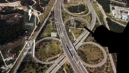 Intelligent Vehicles Cars Communicating Ai Logistic Autonomous Delivery Vehicles IoT GPS Tracking Satellite 5G Smart Roads Traffic Road Junction Interchange Motorway Triangulation Of Traffic Data