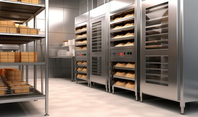 Professional bakery kitchen and stainless steel convection, bread bun in deck oven, freezer, refrigerator, kneading machine, table, cabinet and ingredient for baking business background, Generative AI - obrazy, fototapety, plakaty