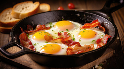 delecious  fried eggs with bacon  in a frying pan, Bacon and eggs in a pan. breakfast food