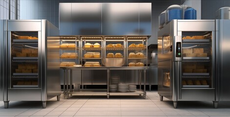 Professional bakery kitchen and stainless steel convection, bread bun in deck oven, freezer, refrigerator, kneading machine, table, cabinet and ingredient for baking business background, Generative AI - obrazy, fototapety, plakaty