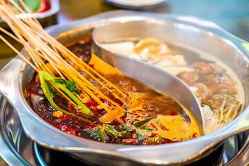 Original spicy hot pot (Chuan Chuan) at restaurant in Chengdu, China