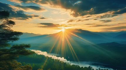 sunset over the mountains, Tropical landscape panorama with sunset or sunrise dramatic sky.