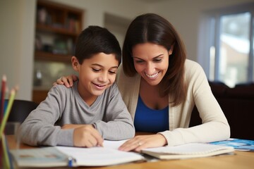 Mom helps son do homework sitting at table writing in notebook right answer. Boy asks mother to help with homework at table with laptop. Mom in cozy modern apartment helps daughter with lessons